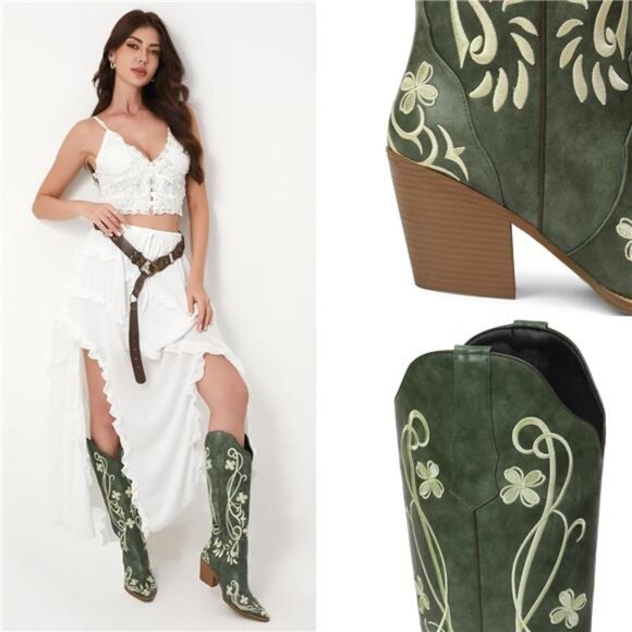 Cowgirl Boots Women Knee High Vintage Cowboy Boots with Floral - Picture 4 of 7